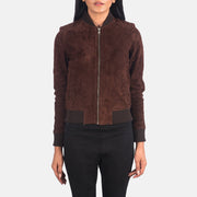 Close-Up Detail of Varsity - Rib Knit &amp; Zipper with Wind Flap Hardware on Bliss Brúnn Suede Bomber jakki úr leðri fyrir konur