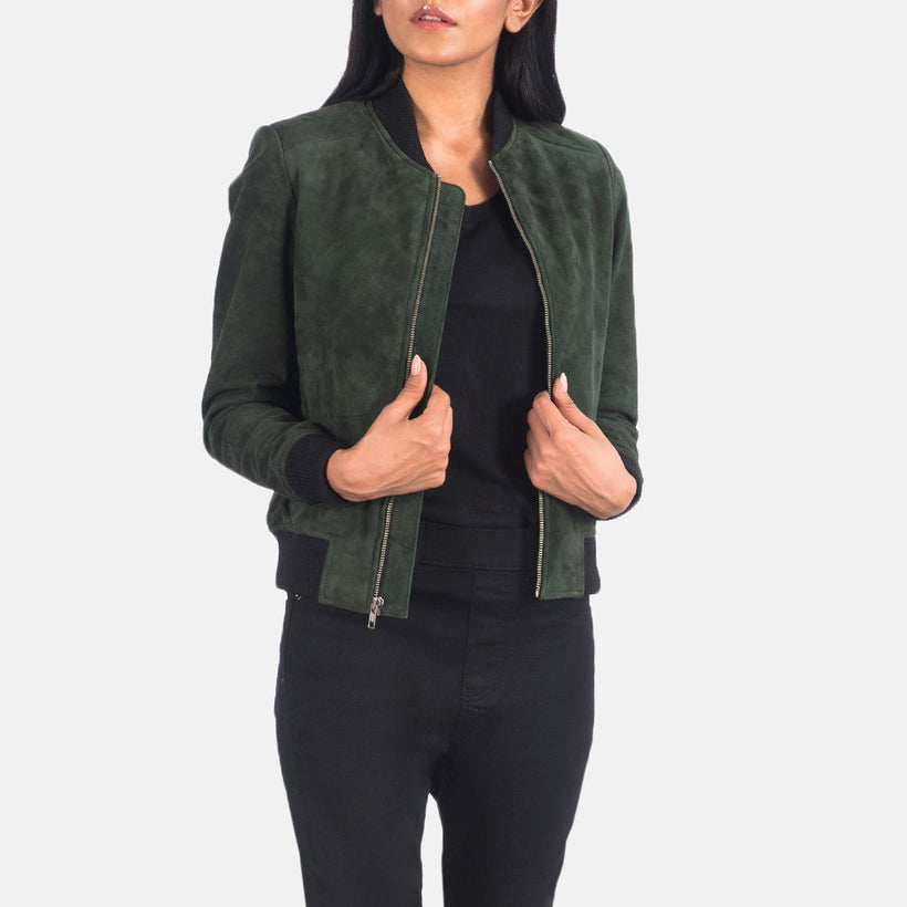 Bliss Green Suede Bomber jakki úr leðri fyrir konur