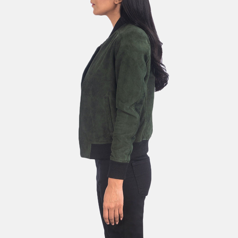 Bliss Green Suede Bomber jakki úr leðri fyrir konur
