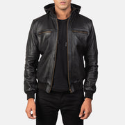 
Bouncer Biz Black Leather Hooded Bomber Jacket in Black Cowhide Leather - Að framan með sniðinni hönnun | Kaupa á netinu