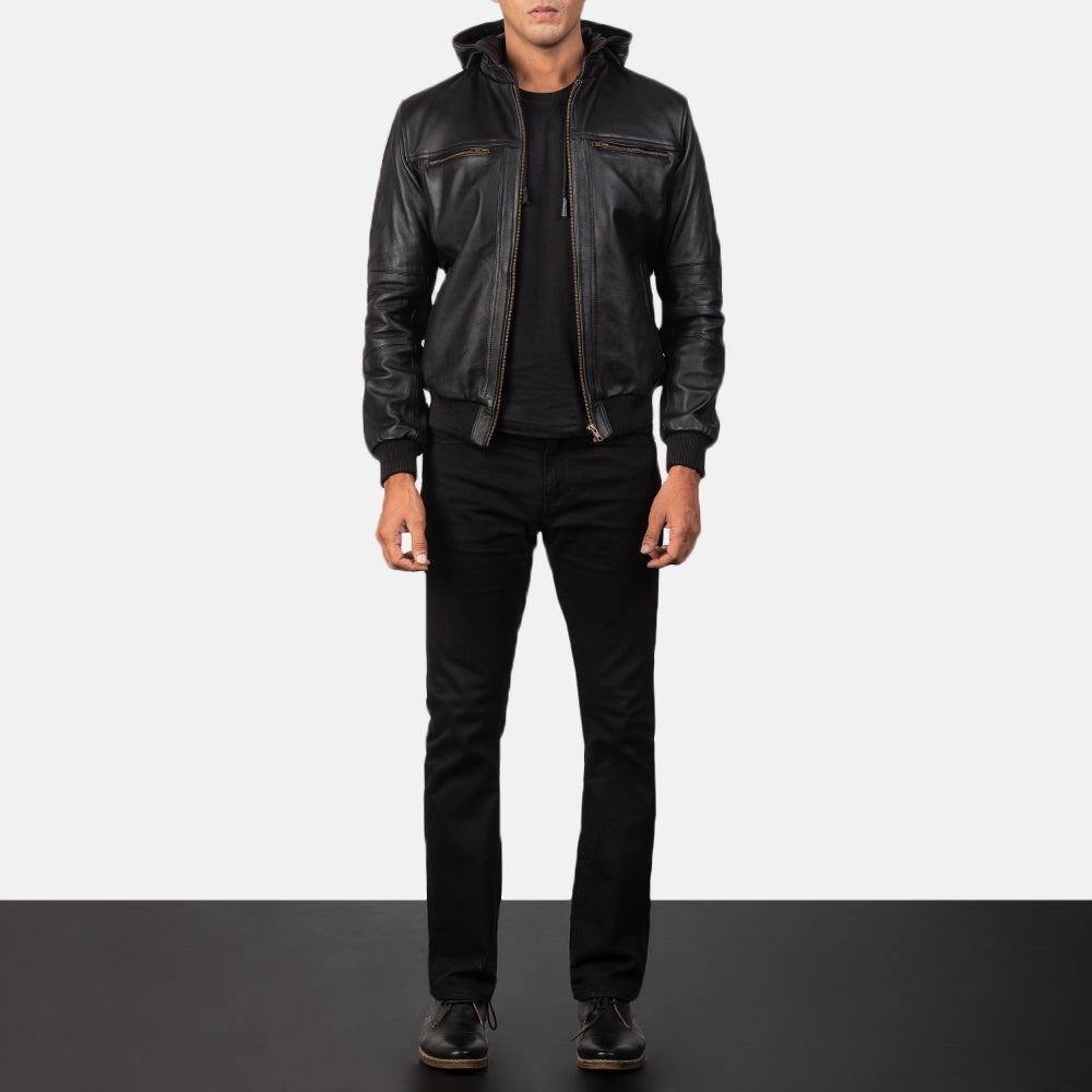 
Nærmynd of Band & Zipper Hardware on Bouncer Biz Black Leather Hooded Bomber Jacket