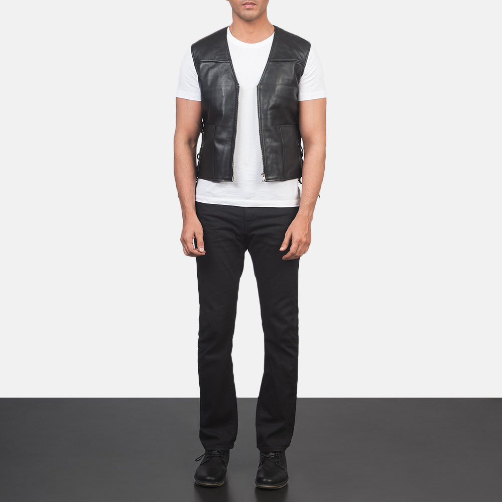 Men's Brandon Black Leather Vest - Lateral Side Profile View Showing Sleeve Cut &amp; Athletic Taper Fit