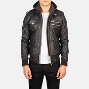 Rib Knit &amp; Hem Craftsmanship Construction Detail on Men's Bravado Black Hooded Leather Bomber Jacket