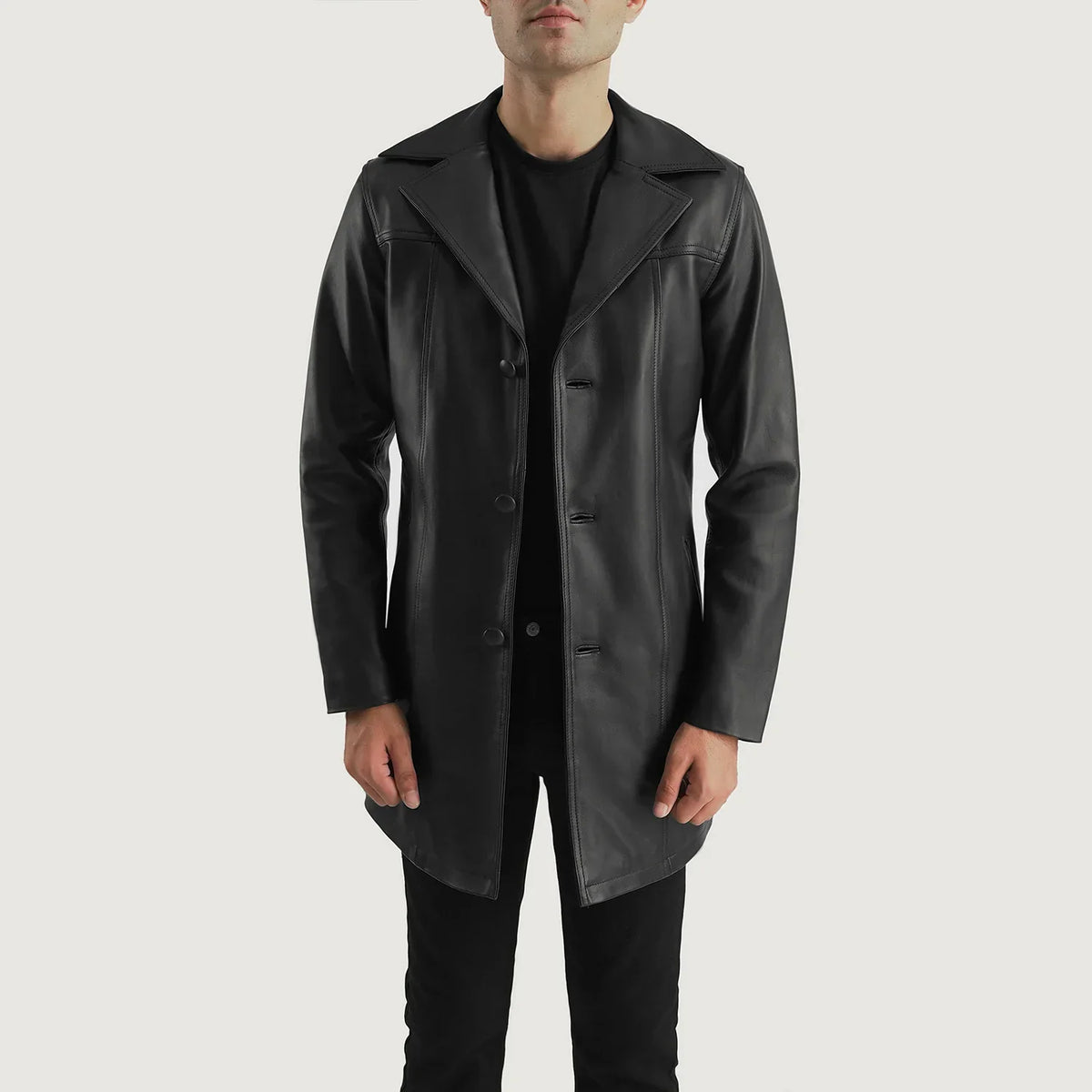 
Brawnton Svartur Leðursíðkápa fyrir Karla in Black Cowhide Leather - Að framan með sniðinni hönnun | Kaupa á netinu