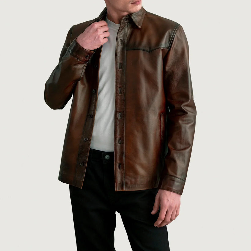 Bronco Distressed Brúnn Leather Shirt fyrir Karla