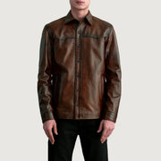 
Bronco Distressed Brúnn Leather Shirt fyrir Karla - Hliðarsýn með vinnuvistfræðilegu ermasniði