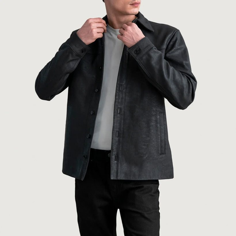 Bronco Tumbled Svartur Leather Shirt fyrir karla