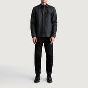 Close-Up Detail of Shirt &amp; Buttons Hardware on Bronco Tumbled Black Leather Shirt