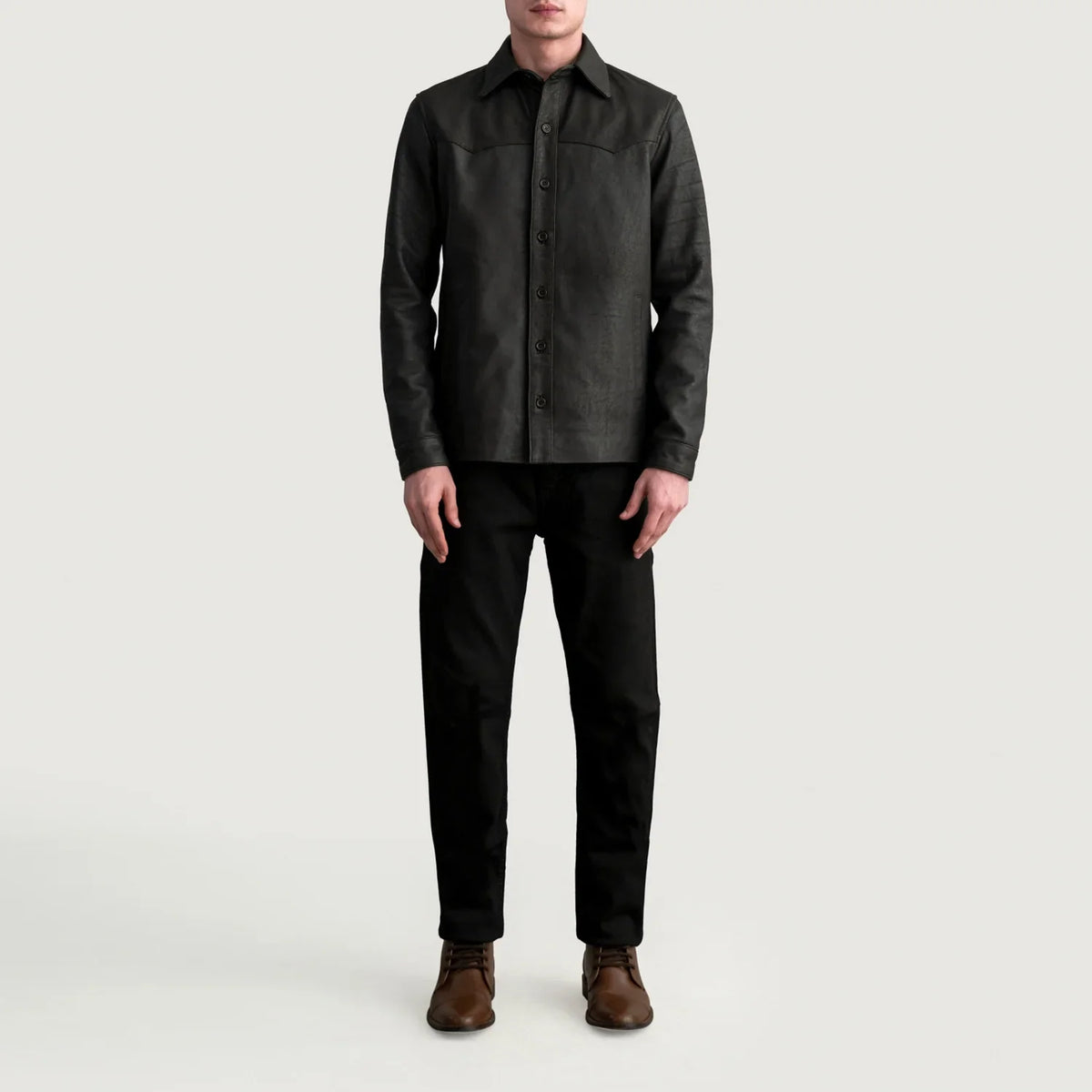 Close-Up Detail of Shirt &amp; Buttons Hardware on Bronco Tumbled Brown Leather Shirt