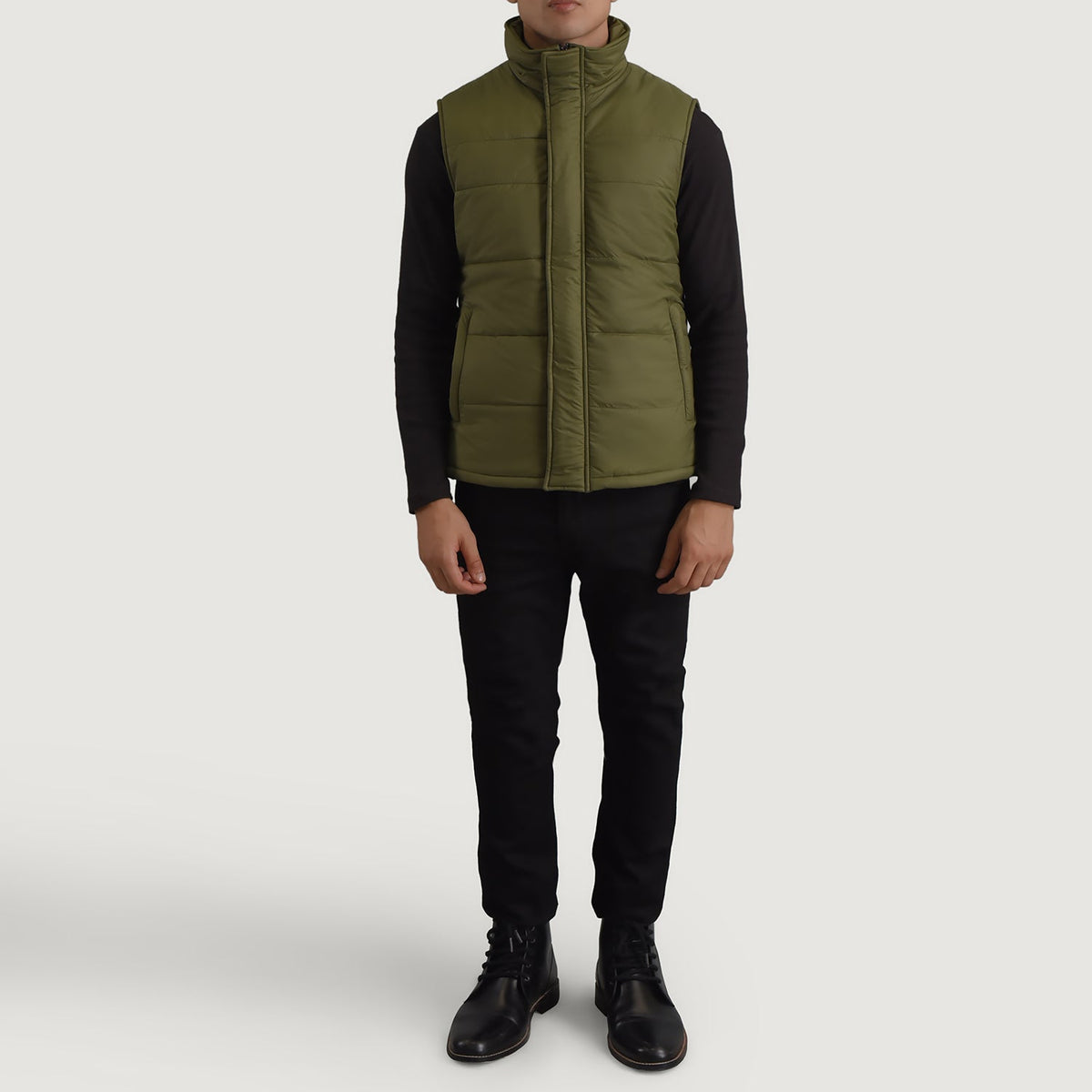 Bryan Green Puffer Vest - Lateral Side Profile View Showing Sleeve Cut &amp; Athletic Taper Fit