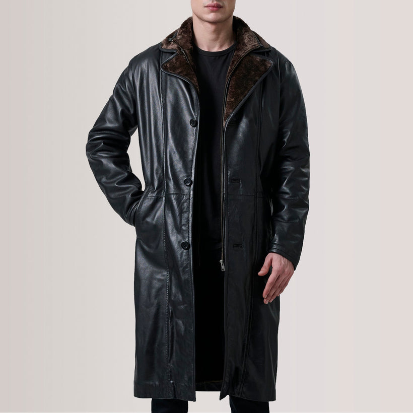 Cai Svartur Leather Shearling Coat fyrir karla