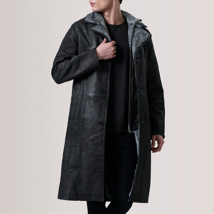 Cai Distressed Svartur Leather Shearling Coat fyrir karla