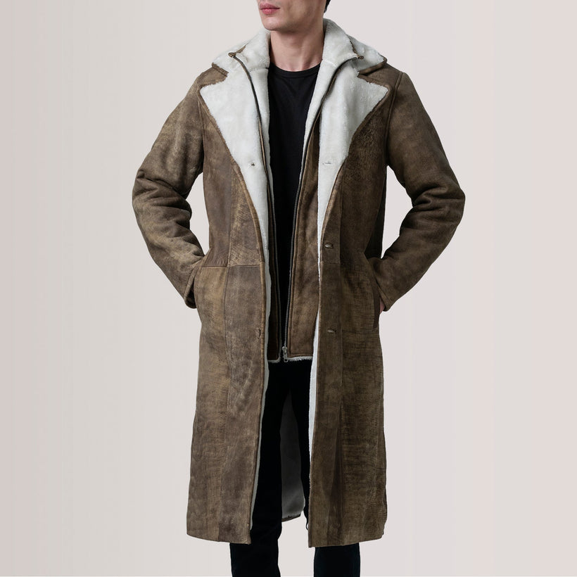 Cai Distressed Brúnn Leather Shearling Coat fyrir karla