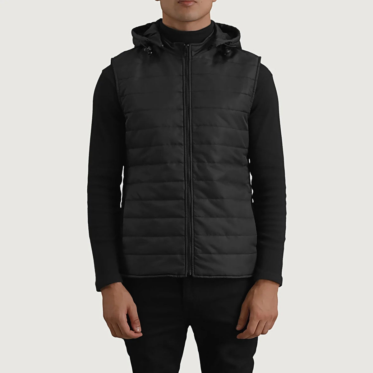 
Nærmynd of Classic Collar & Zipper Hardware on Carlo Svartur Hettupeysa fóðrað vesti fyrir Karla