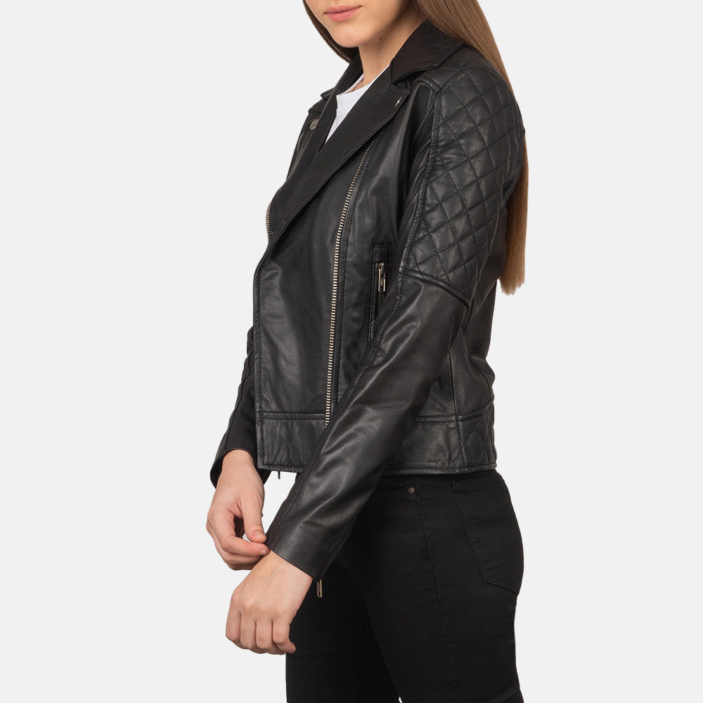 Black Goatskin Leather Biker Jacket - Back View Showing Tailored Shoulder Fit &amp; Clean Hemline