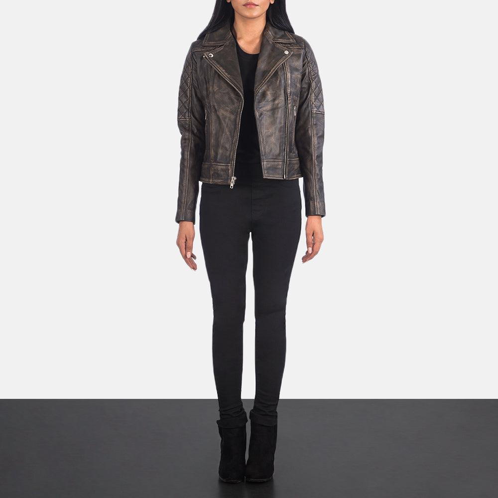 
Carolyn Quilted Distressed Brown Biker Jacket - Hliðarsýn með vinnuvistfræðilegu ermasniði