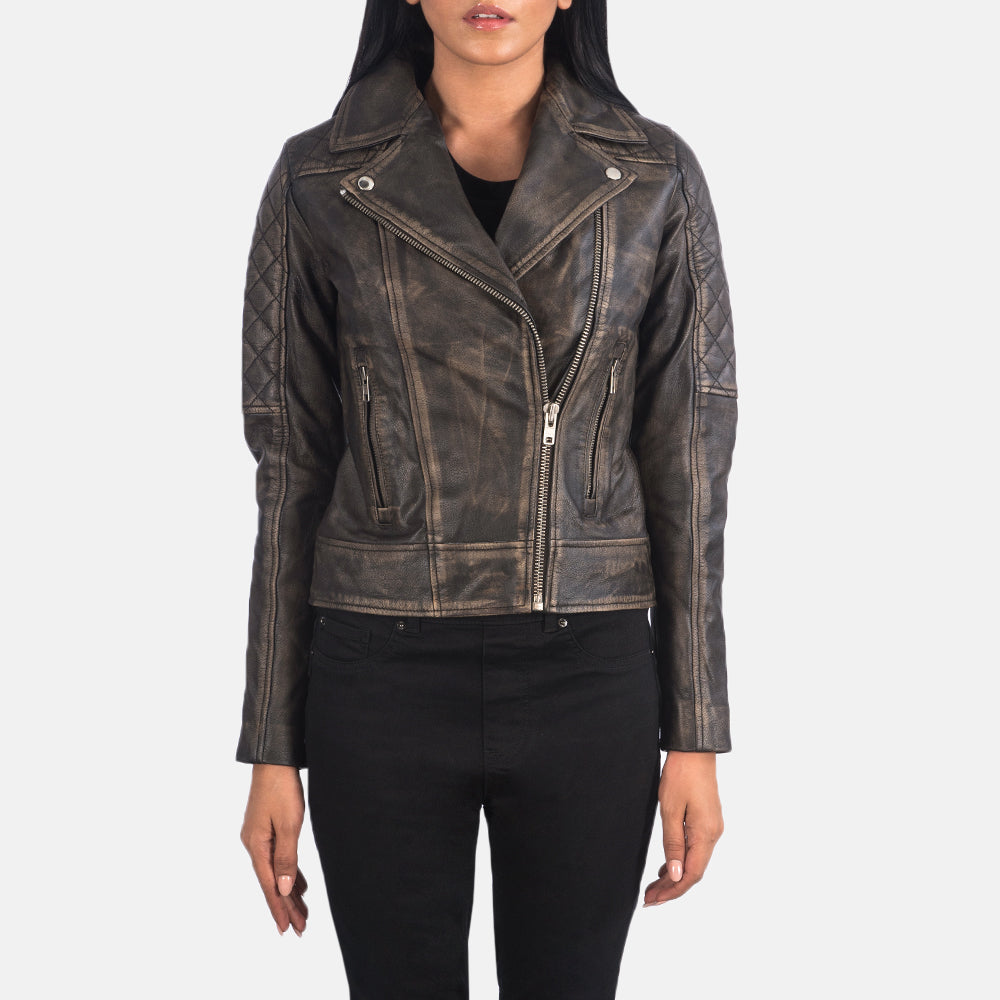 
Nærmynd of Notch & Zipper Hardware on Carolyn Quilted Distressed Brown Biker Jacket