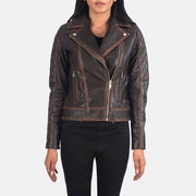 
Carolyn Quilted Vintage Brown Biker Jacket in Vintage Brown Goatskin Leather - Að framan með sniðinni hönnun | Kaupa á netinu