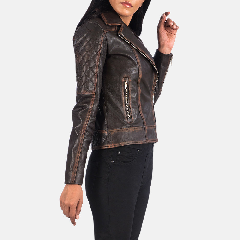 
Vintage Brown Goatskin Leather Biker Jacket - Að aftan með nákvæmri axlasniði og hreinum fald