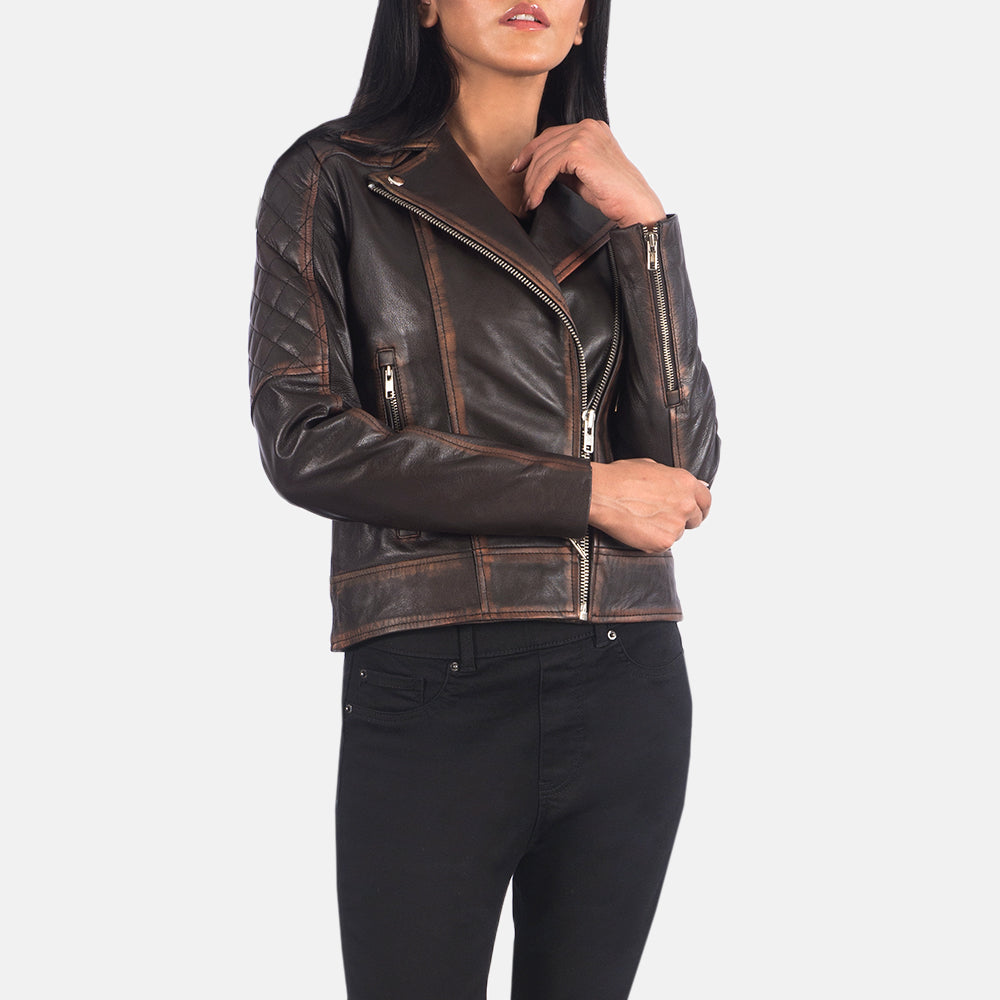 
Nærmynd of Notch & Zipper Hardware on Carolyn Quilted Vintage Brown Biker Jacket