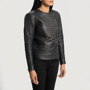 
Black Sheepskin Leather Biker Jacket - Að aftan með nákvæmri axlasniði og hreinum fald