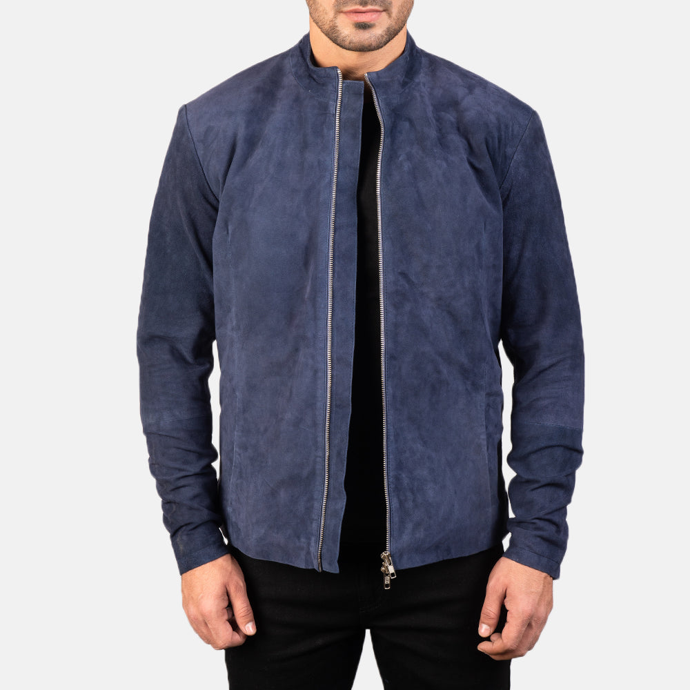 
Charcoal Navy Blár Suede Mótorhjólajakki úr Leðri fyrir Karla in Navy Blue Goatskin Suede - Að framan með sniðinni hönnun | Kaupa á netinu