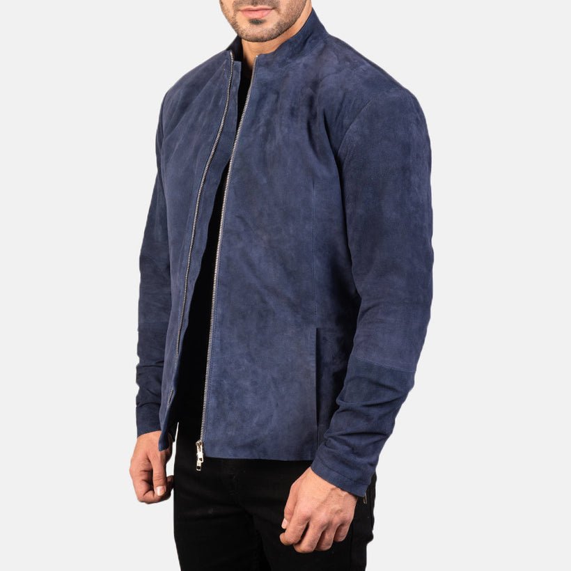 Charcoal Navy Blue Suede Mótorhjólajakki úr leðri fyrir karla