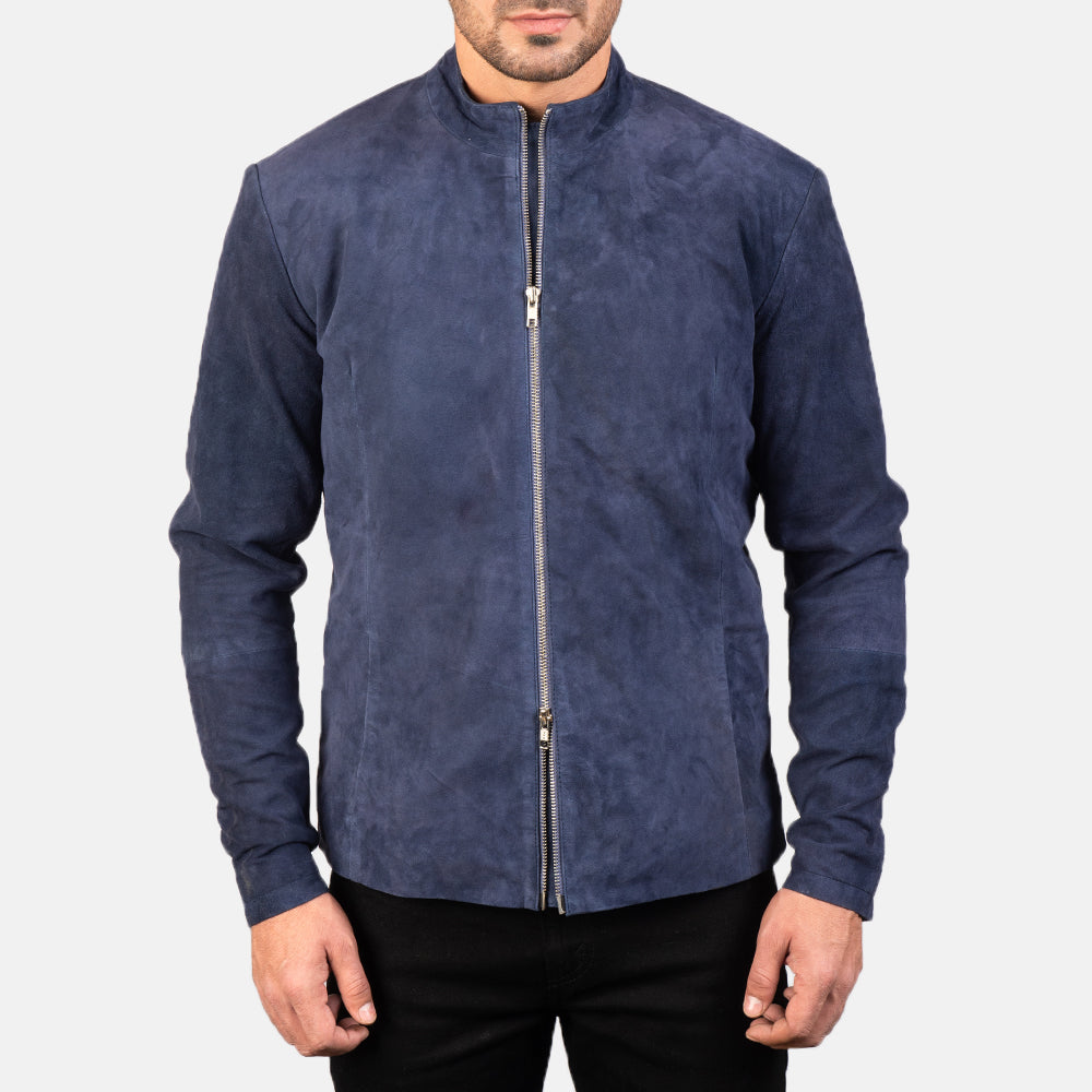 
Nærmynd of Mandarin & Zipper with Dual Puller Hardware on Charcoal Navy Blár Suede Mótorhjólajakki úr Leðri fyrir Karla