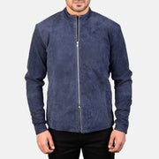 
Nærmynd of Mandarin & Zipper with Dual Puller Hardware on Charcoal Navy Blár Suede Mótorhjólajakki úr Leðri fyrir Karla