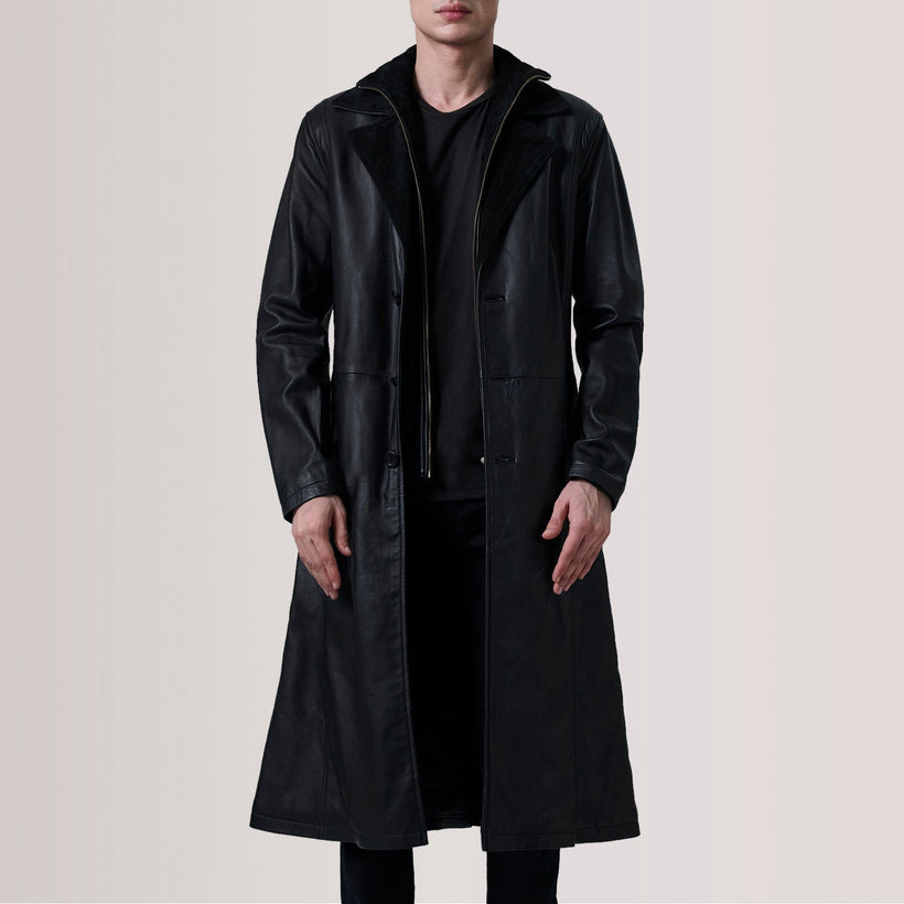 Charlton Svartur Leather Single Breasted Coat fyrir karla