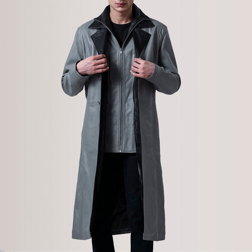 Charlton Grey Leather Single Breasted Coat fyrir karla