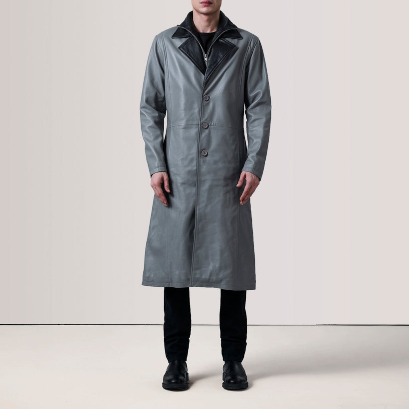 Charlton Grey Leather Single Breasted Coat fyrir karla