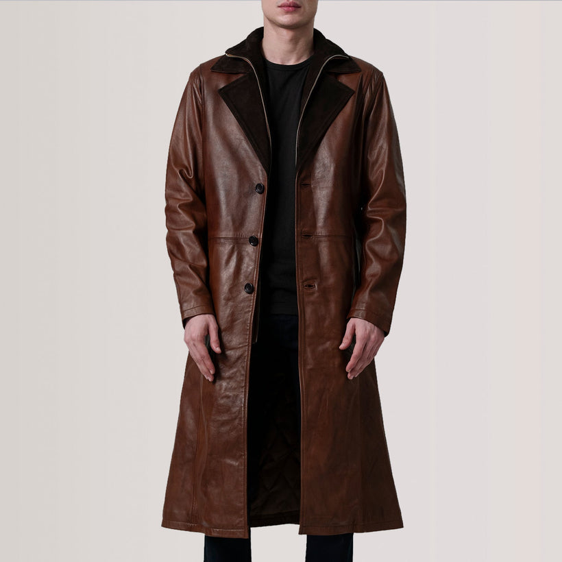 Charlton Waxed Brúnn Leather Single Breasted Coat fyrir karla