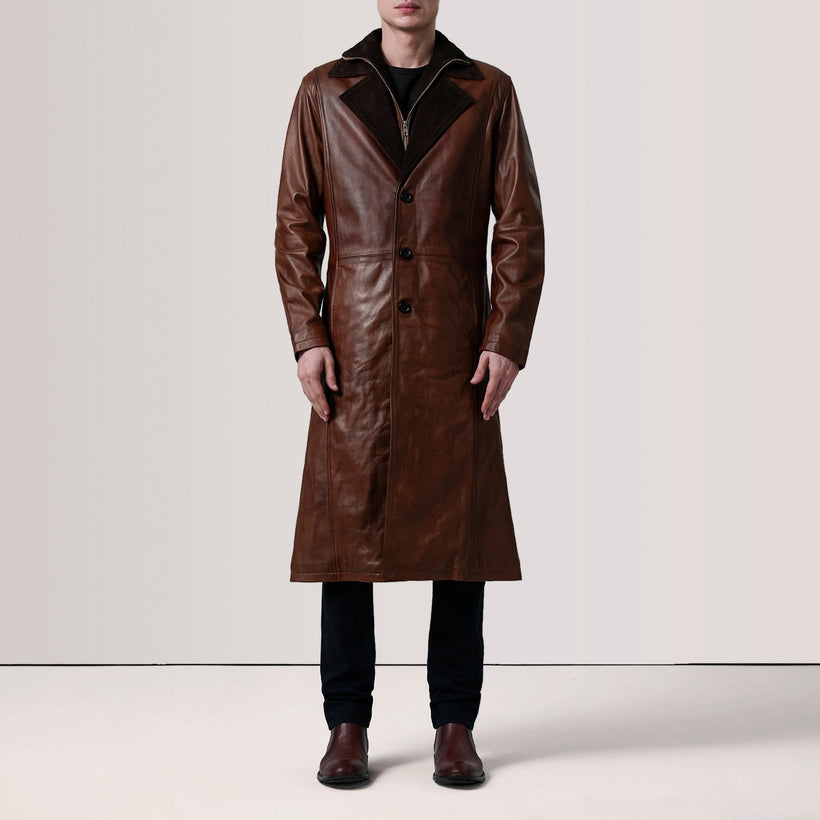 Charlton Waxed Brúnn Leather Single Breasted Coat fyrir karla