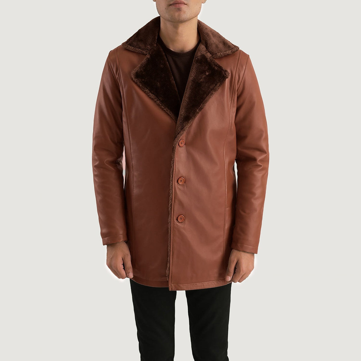 
Cinnamon Brúnn Leather Fur Leðursíðkápa fyrir Karla in Brown Sheepskin Burnishing - Að framan með sniðinni hönnun | Kaupa á netinu