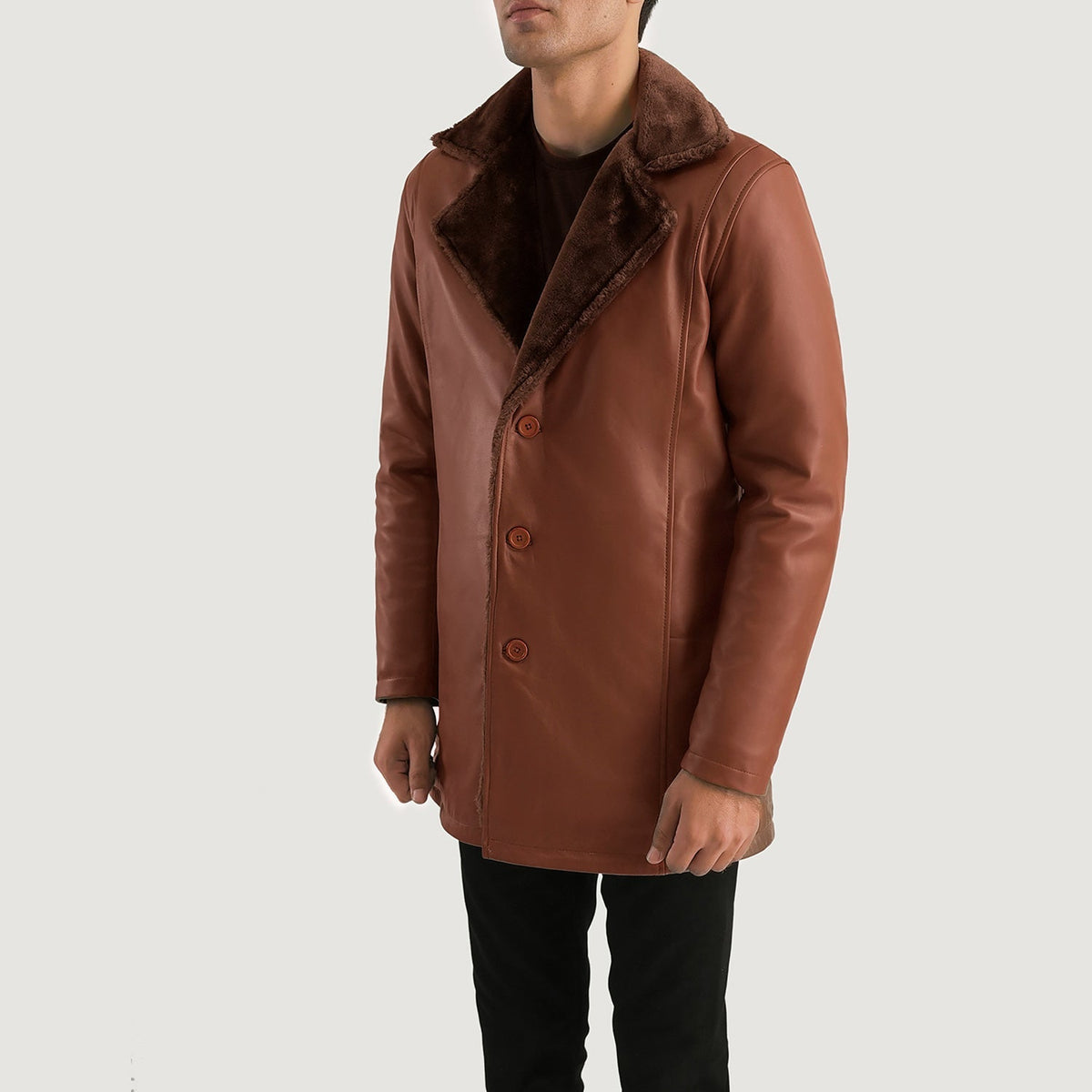 
Brown Sheepskin Burnishing Winter Jacket - Að aftan með nákvæmri axlasniði og hreinum fald
