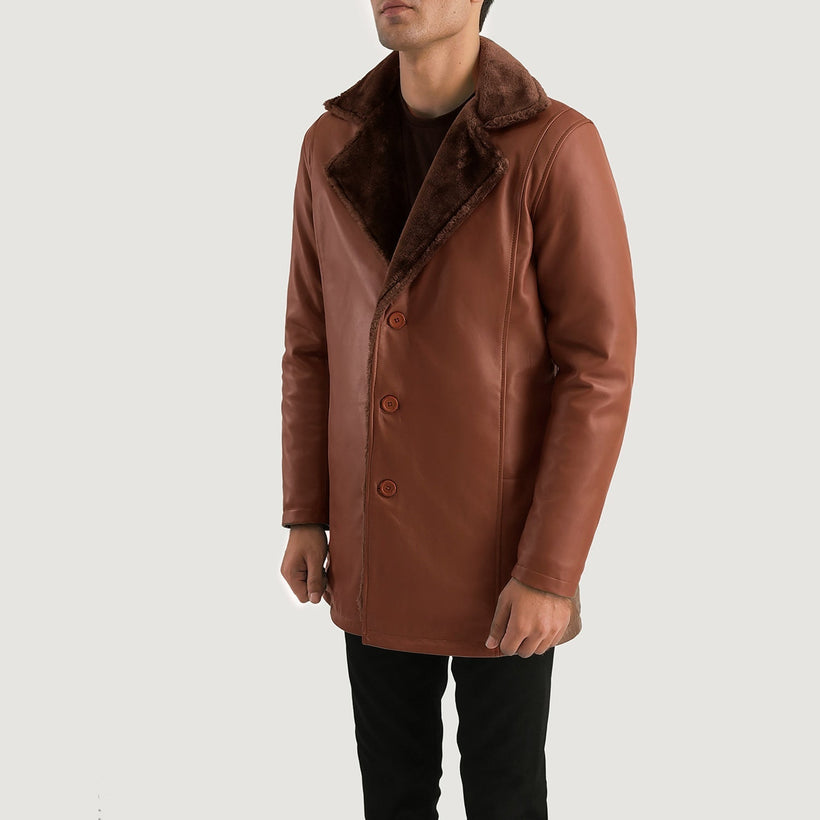 Cinnamon Brúnn Leather Fur Coat fyrir karla