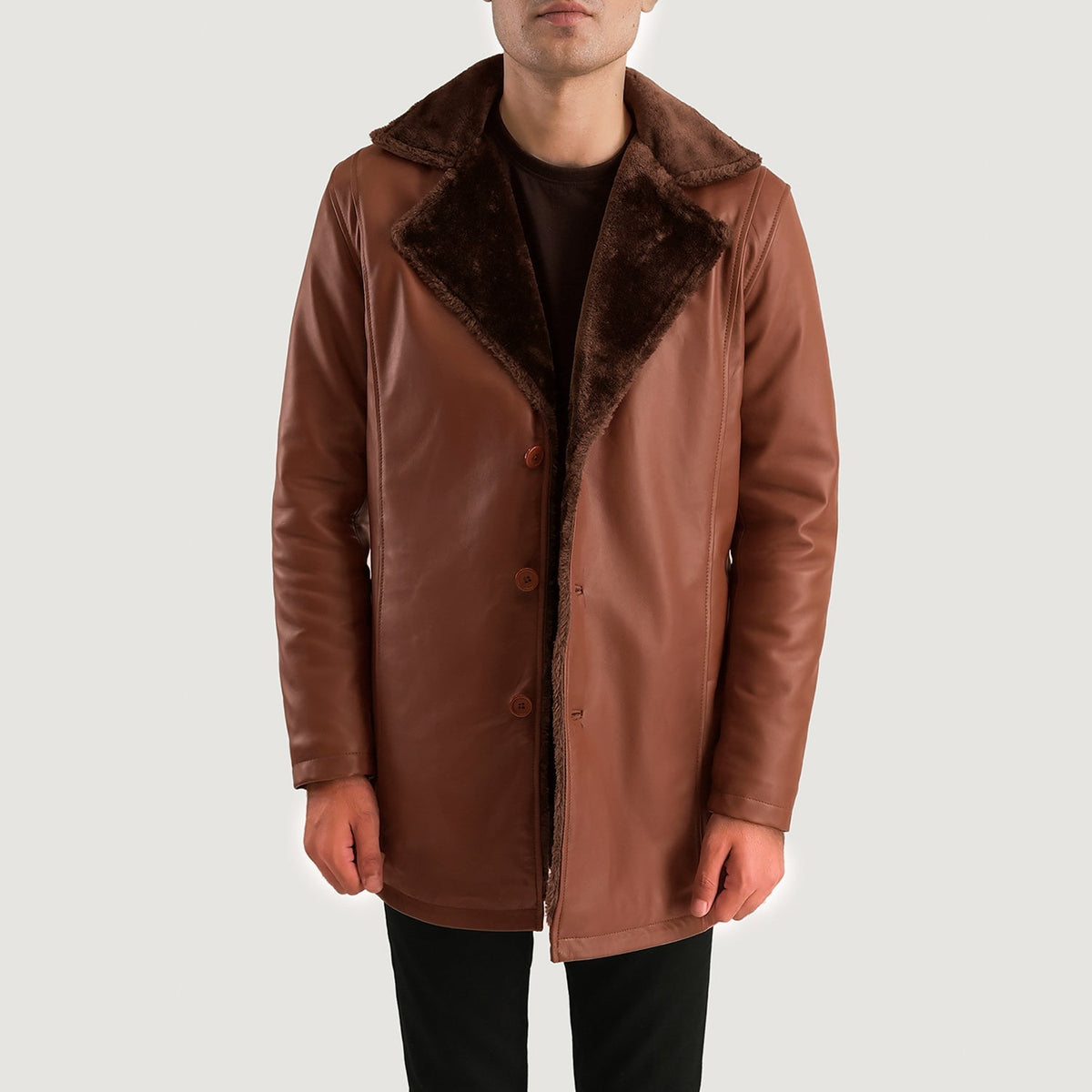 
Nærmynd of Shirt & Button Hardware on Cinnamon Brúnn Leather Fur Leðursíðkápa fyrir Karla