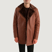 
Nærmynd of Shirt & Button Hardware on Cinnamon Brúnn Leather Fur Leðursíðkápa fyrir Karla