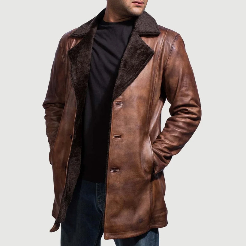 Cinnamon Distressed Leather Fur Coat fyrir karla