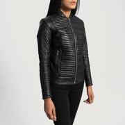 
Black Sheepskin Leather Biker Jacket - Að aftan með nákvæmri axlasniði og hreinum fald