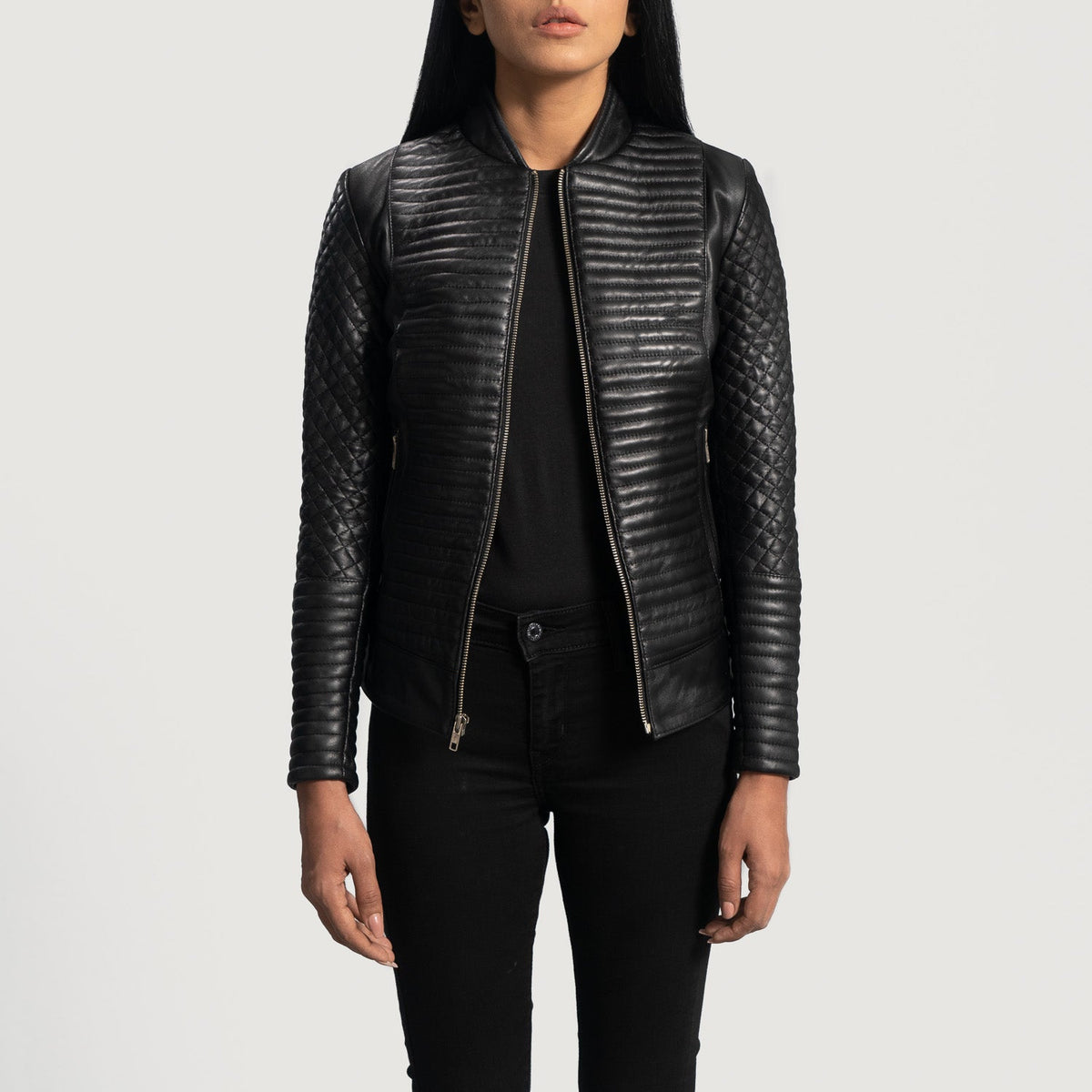 Women's Cityscape Black Leather Biker Jacket - Lateral Side Profile View Showing Sleeve Cut & Athletic Taper Fit