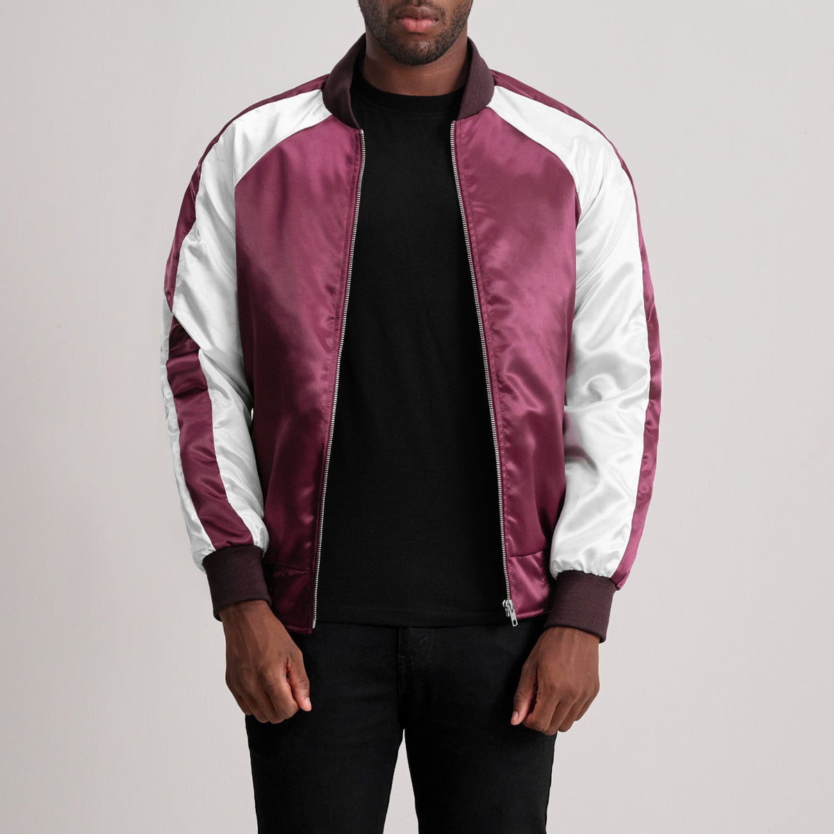 Clarke Maroon Varsity Jacket - Lateral Side Profile View Showing Sleeve Cut & Athletic Taper Fit