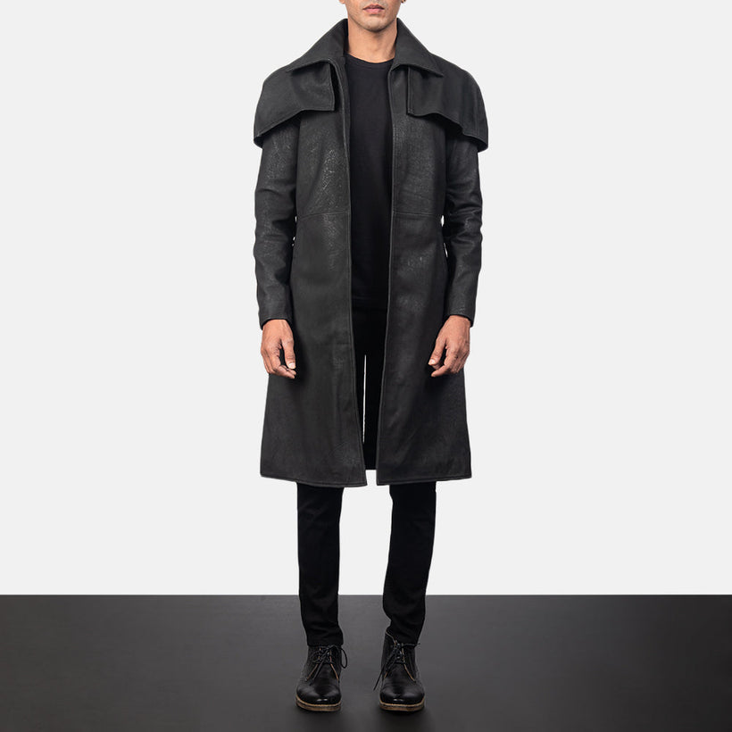 Classic Distressed Svartur Leather Duster fyrir Karla
