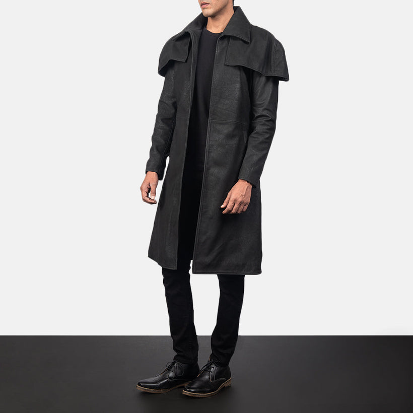 Classic Distressed Svartur Leather Duster fyrir Karla