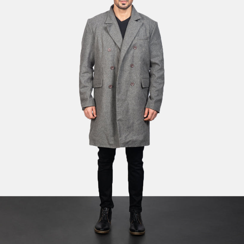 Claud Grey Wool Double-Breasted Leðursíðkápa fyrir Karla