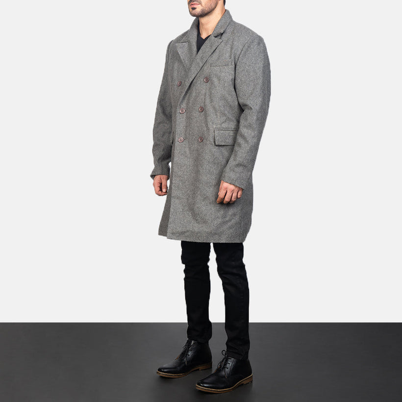 Claud Grey Wool Double-Breasted Leðursíðkápa fyrir Karla