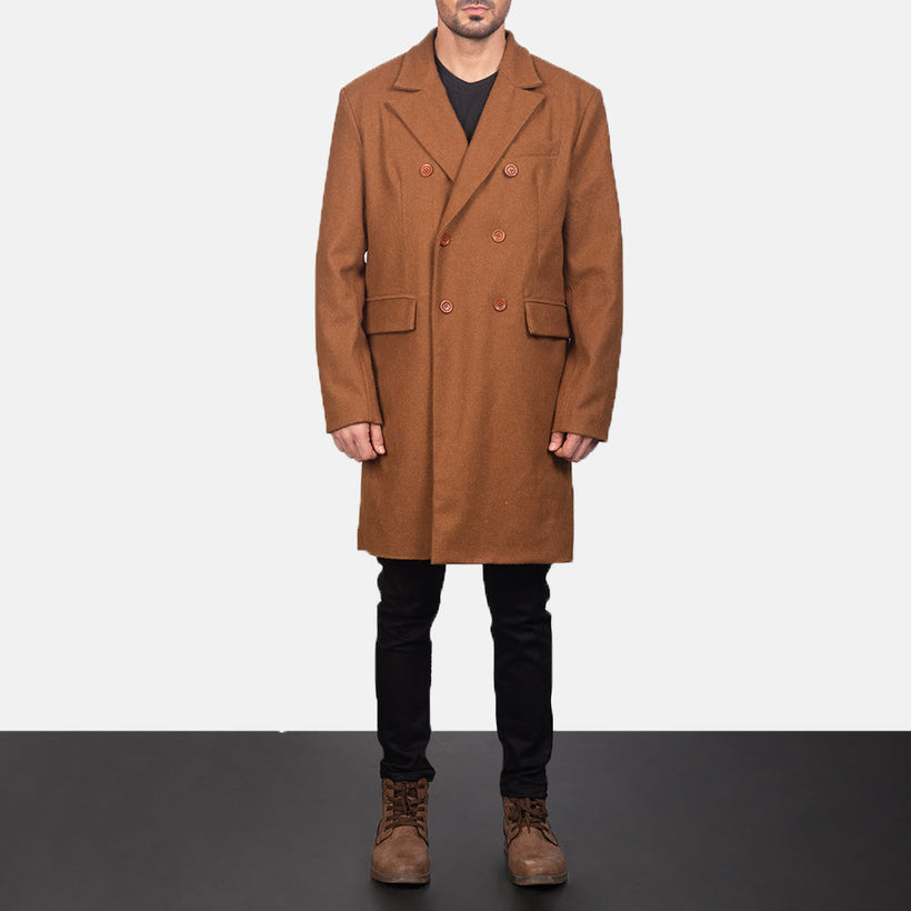 Claud Khaki Wool Double-Breasted Leðursíðkápa fyrir Karla