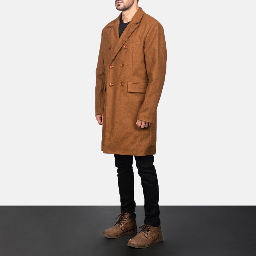 Claud Khaki Wool Double-Breasted Leðursíðkápa fyrir Karla