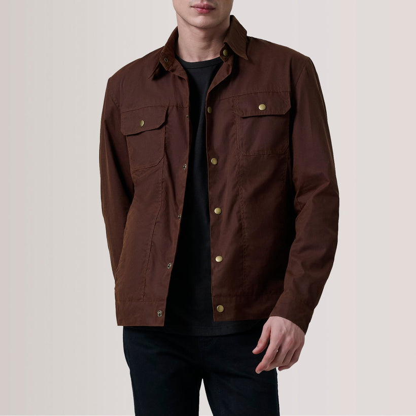 Colberto Brúnn Waxed Canvas Trucker Leðurjakki fyrir karla
